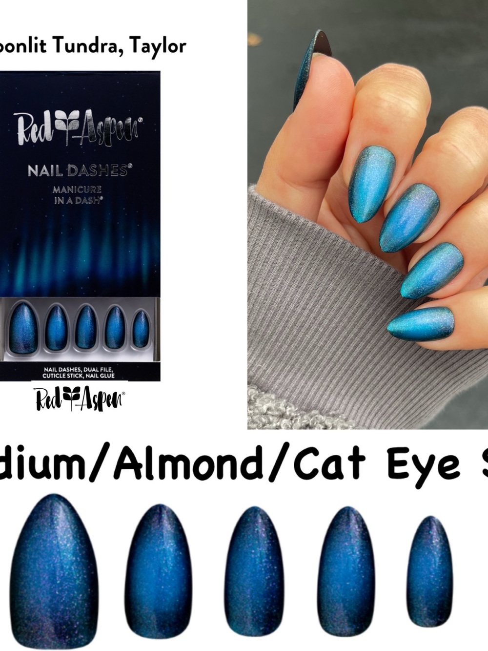 Red Aspen Moonlit Tundra Taylor Blue Cat Eye Press-On Nails - Almond Medium